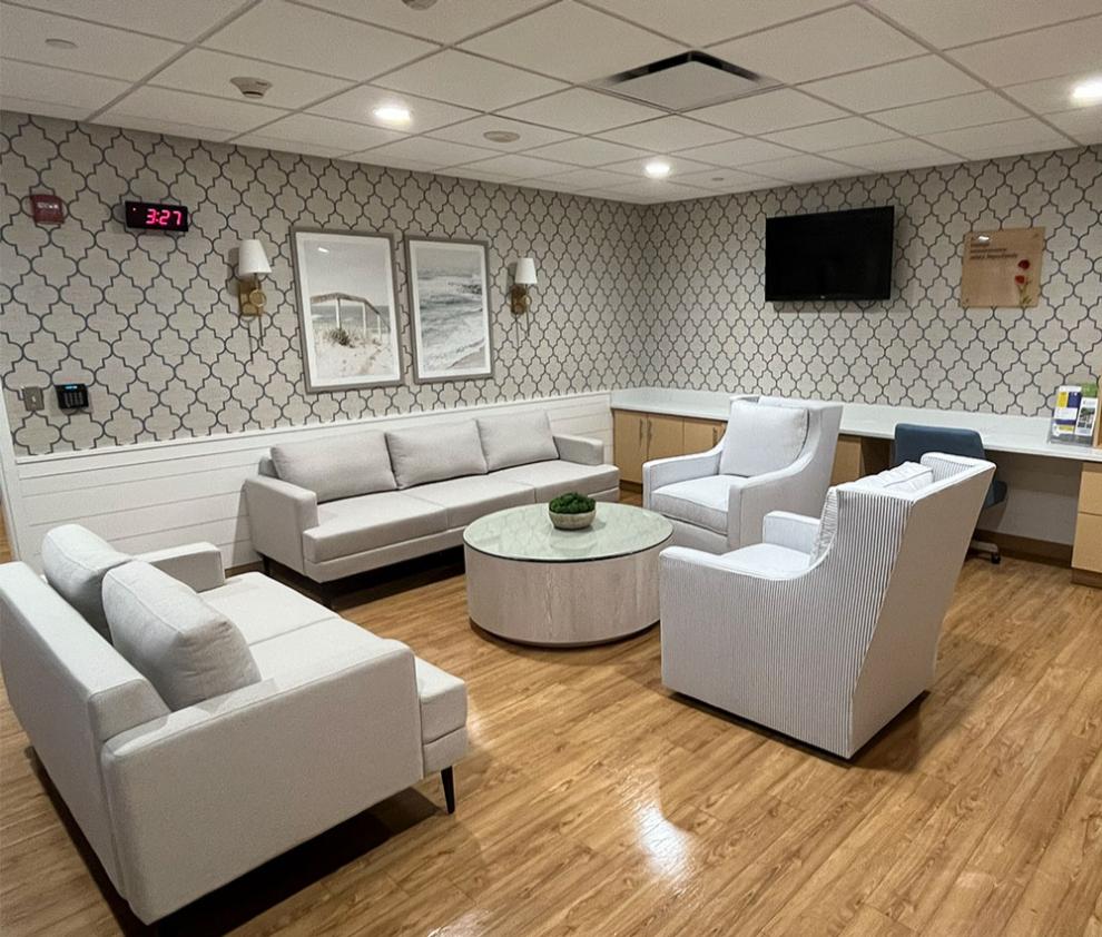 Couches and chairs in the Ronald McDonald House Family Room in the NICU at Albany Med